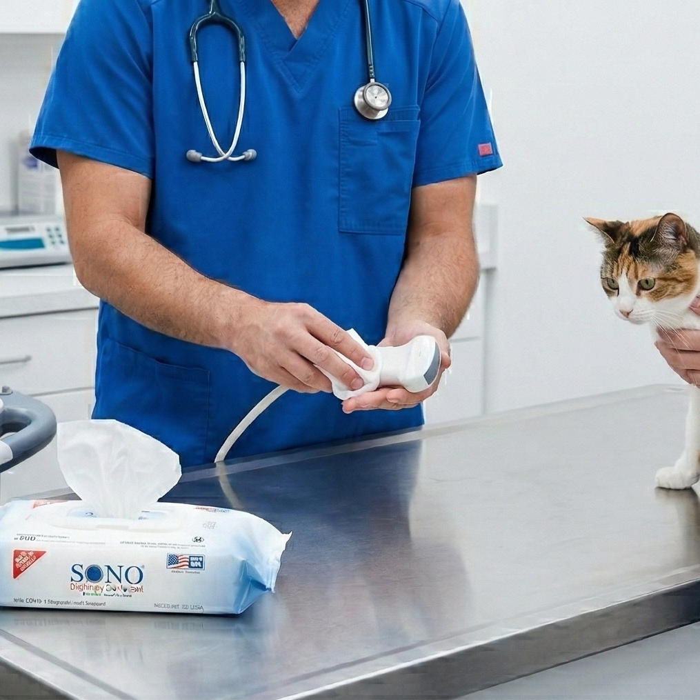 SONO wipes wiping transducer probe with cat in background