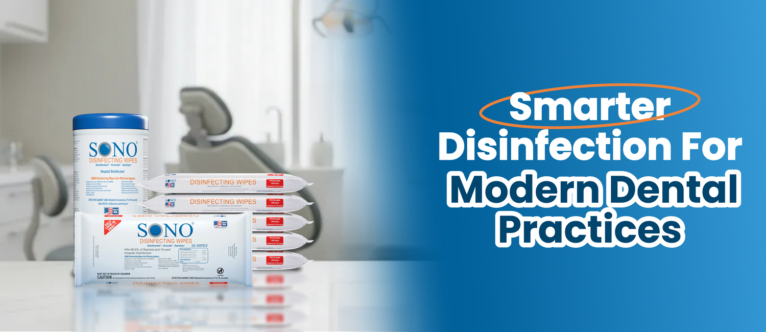 Dental products with 'Smarter Disinfection For Modern Dental Practices' text on a blue background