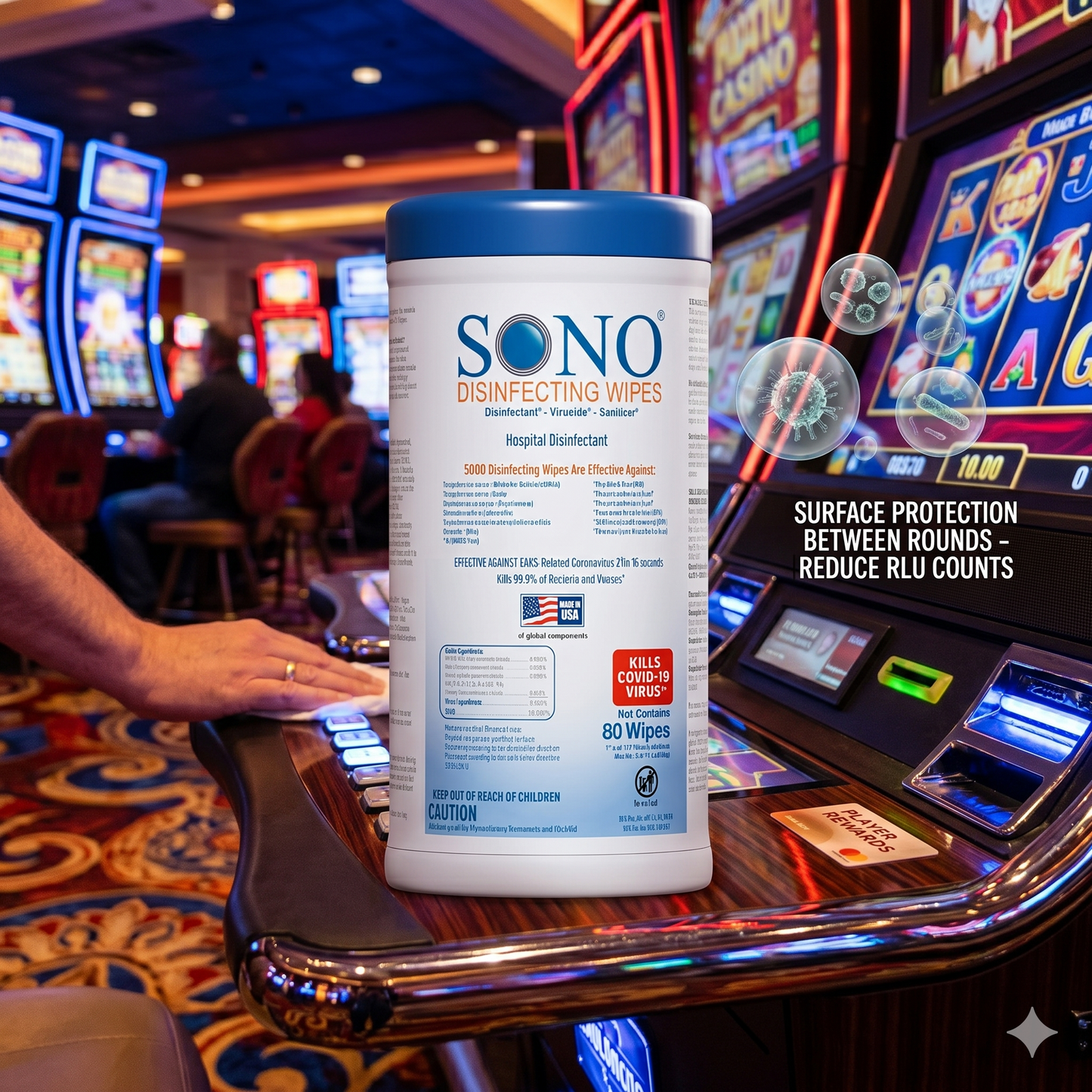 SONO Casino & Slot Machine Disinfecting Cleaner Deodorizer Wipes | Equipment Safe 80ct Canister