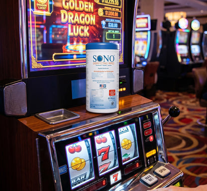 SONO Casino & Slot Machine Disinfecting Cleaner Deodorizer Wipes | Equipment Safe 80ct Canister