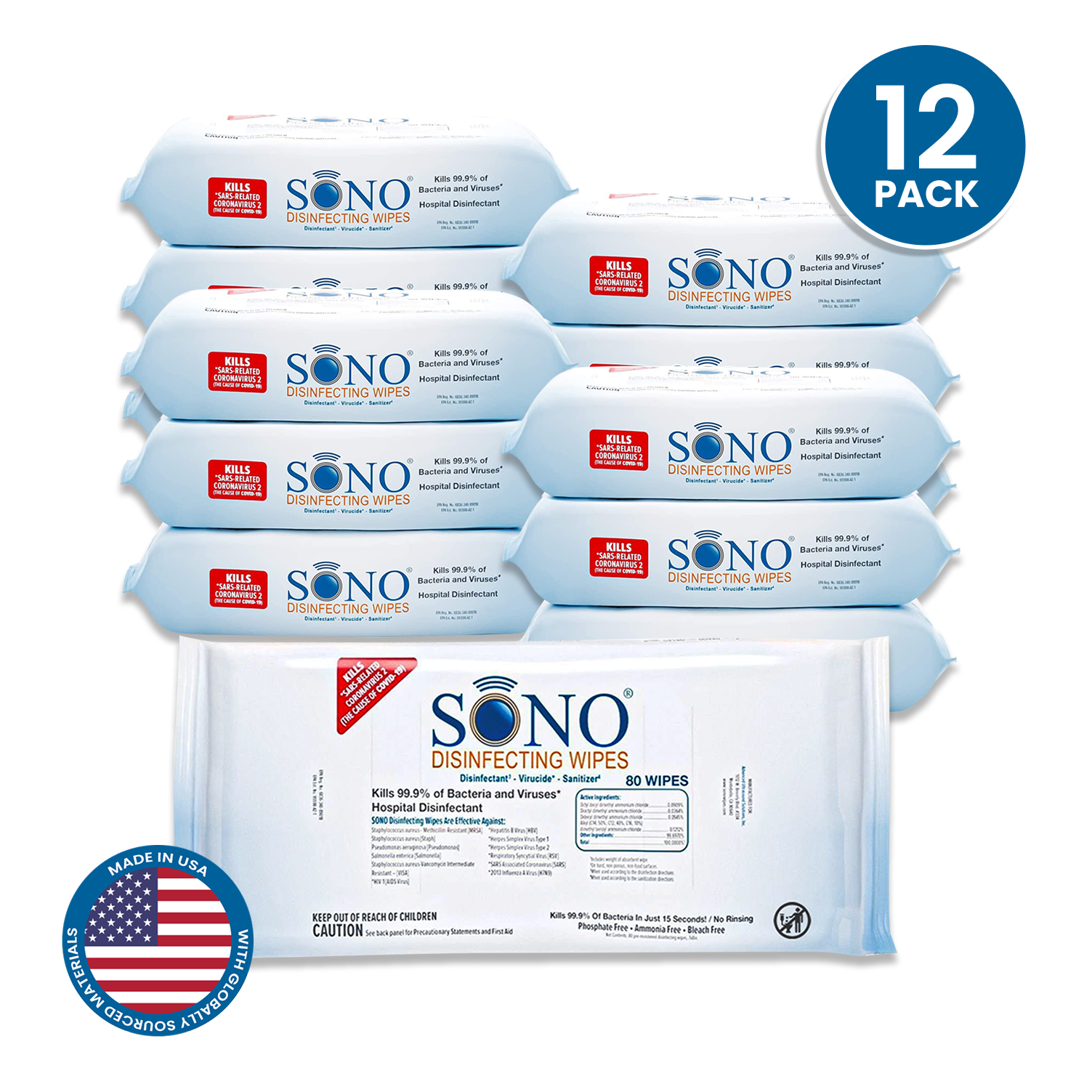 SONO disinfecting wipes packaging with '12 Pack' label on a white background