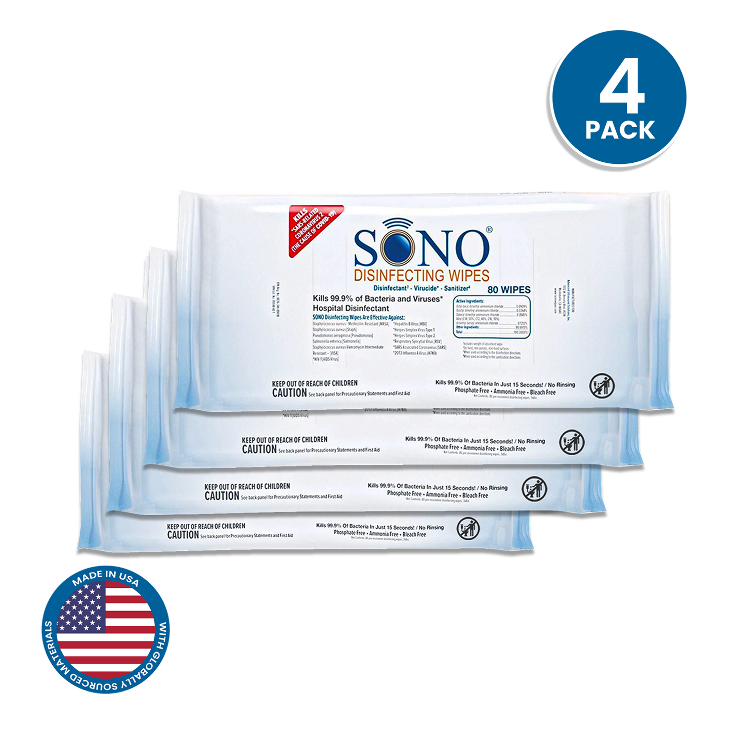 4 pack SONO disinfecting wipes EPA registered for multiple use office cleaning supplies