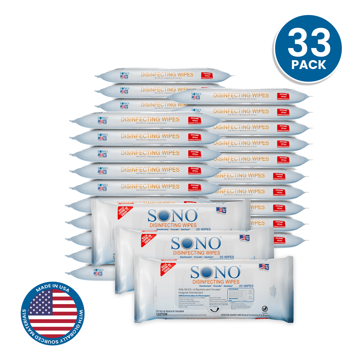 Wholesale bulk disinfecting SONO wipes case of 33 box of 33 for schools transportation and rail companies
