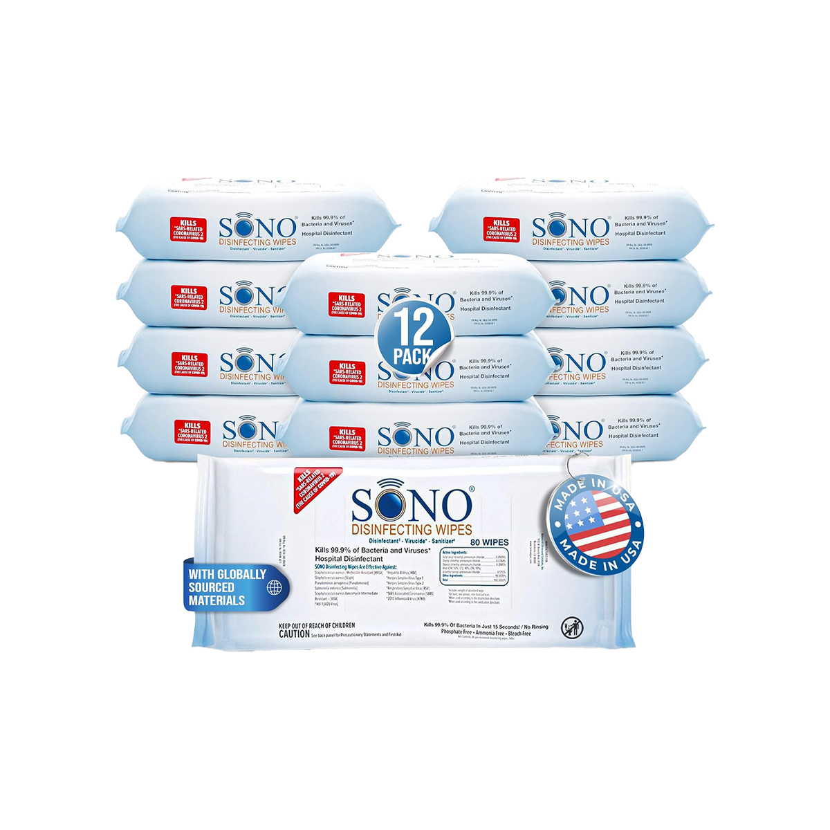 SONO 80 count soft packs case of 12 disinfecting wipes box bulk