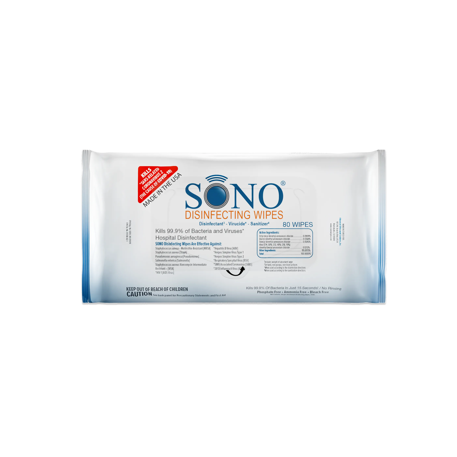Pack of Sono disinfecting wipes  on a white background 80 count soft pack