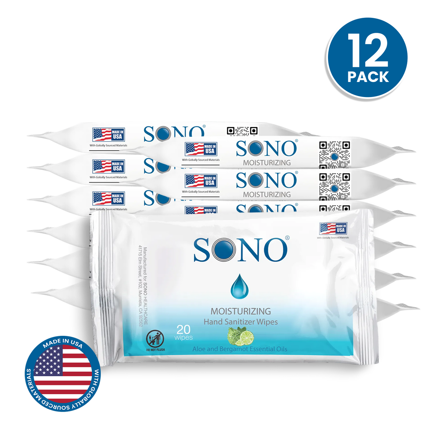 SONO moisturizing hand sanitizer wipes packaging with 12 packs bulk purchase