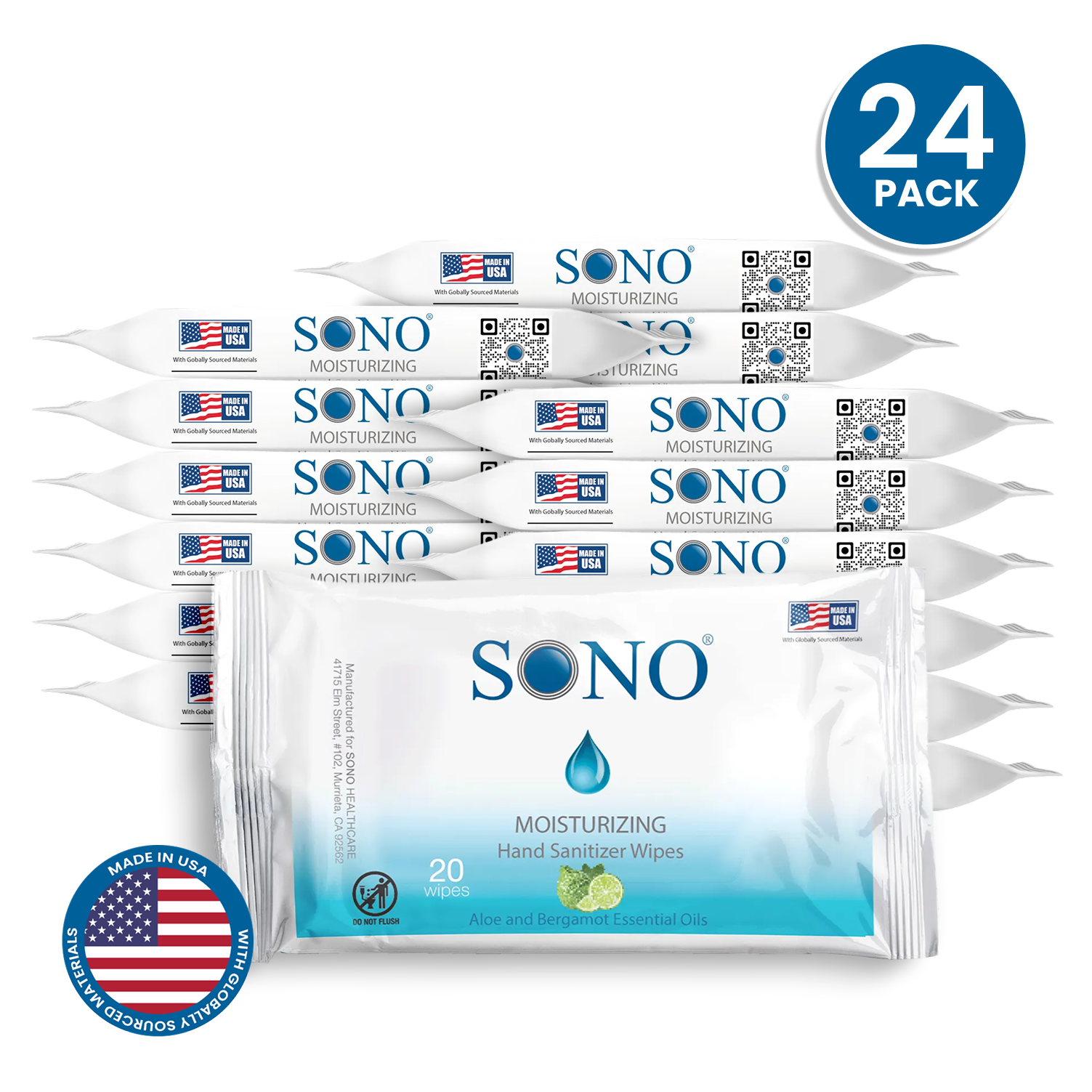 SONO moisturizing hand sanitizer wipes packaging with 24 packs bulk purchase for large daily use kid friendly