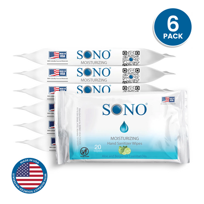 SONO moisturizing hand sanitizer wipes packaging with '6 Pack'  