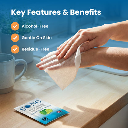 Person using SONO Hand Wipes single packet while traveling