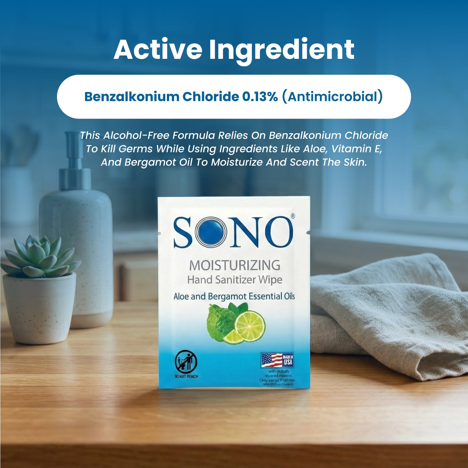 SONO hand wipes active ingredient lists alcohol free with Aloe and Vitamin E