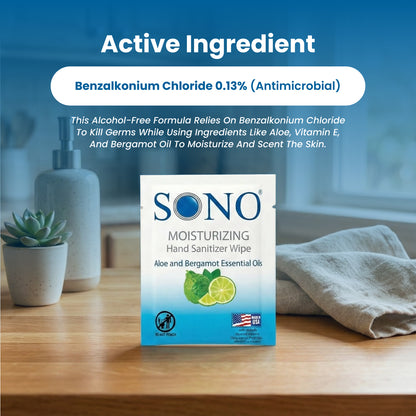 SONO hand wipes active ingredient lists alcohol free with Aloe and Vitamin E