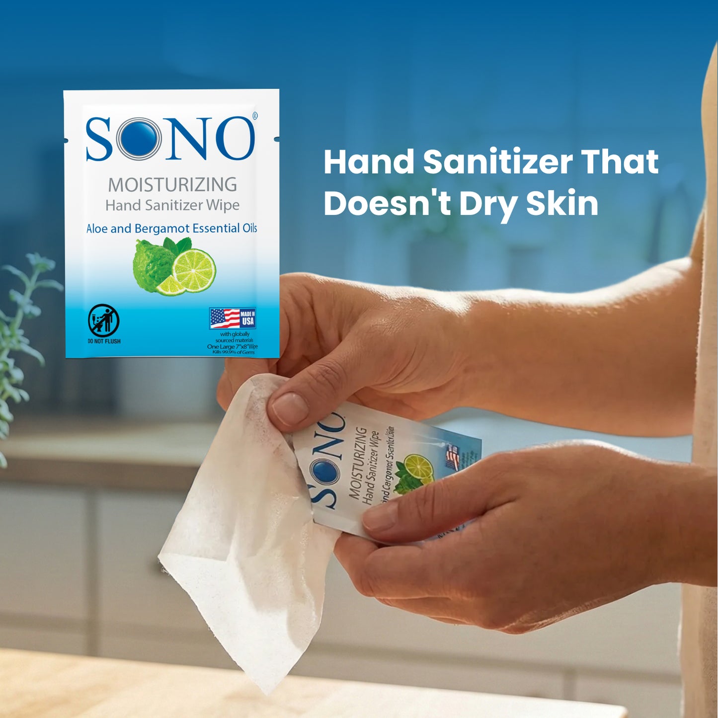 SONO hand sanitizer wipe being used does not dry skin moisturizes