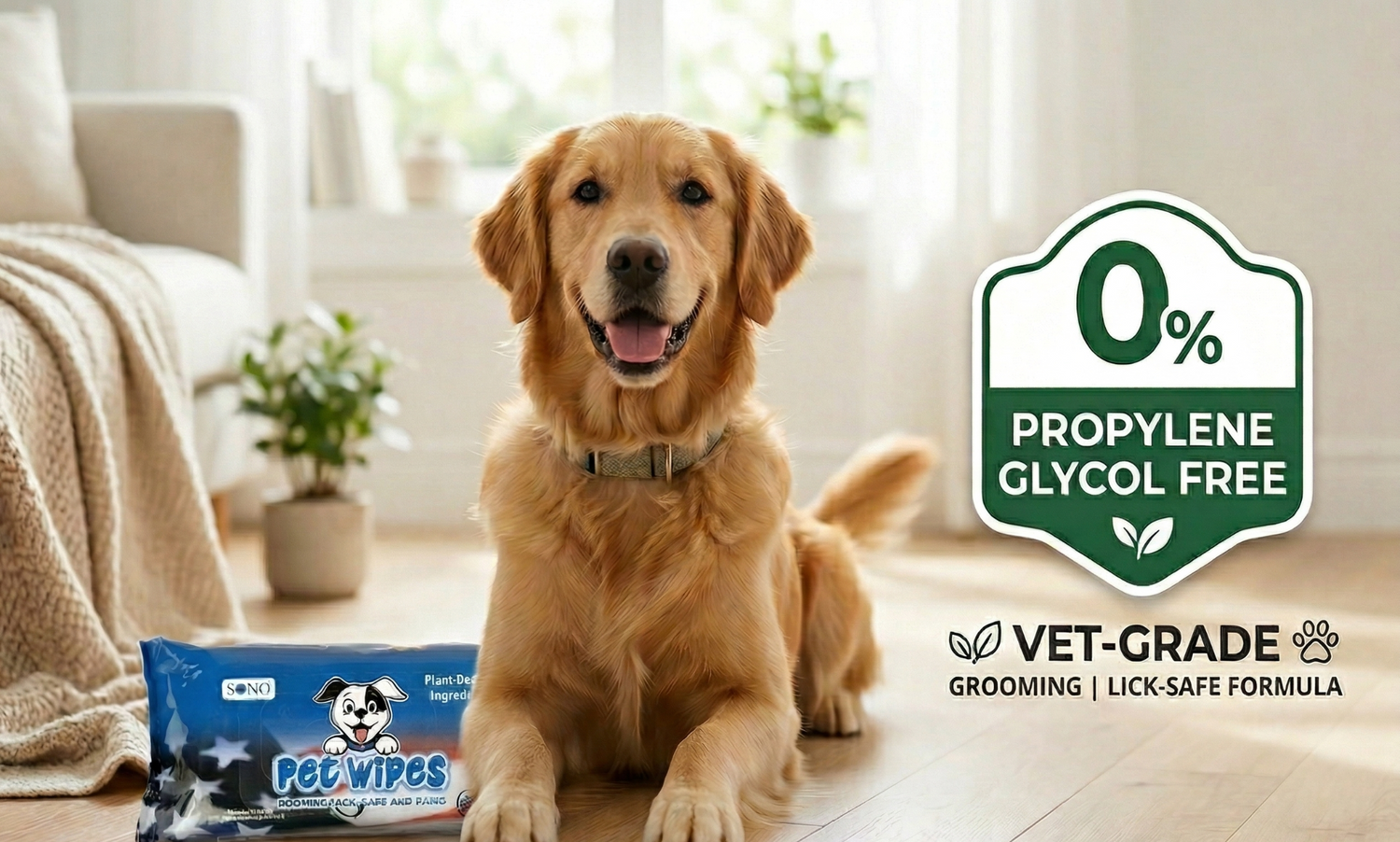 Dog sitting on a wooden floor with a pack of pet wipes and a '0% Propylene Glycol Free' label in the background.