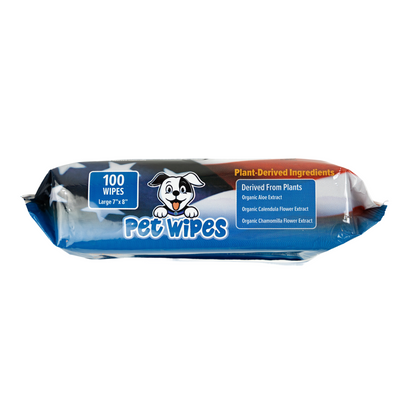 Pack of Pet Wipes with branding and product details on a white background