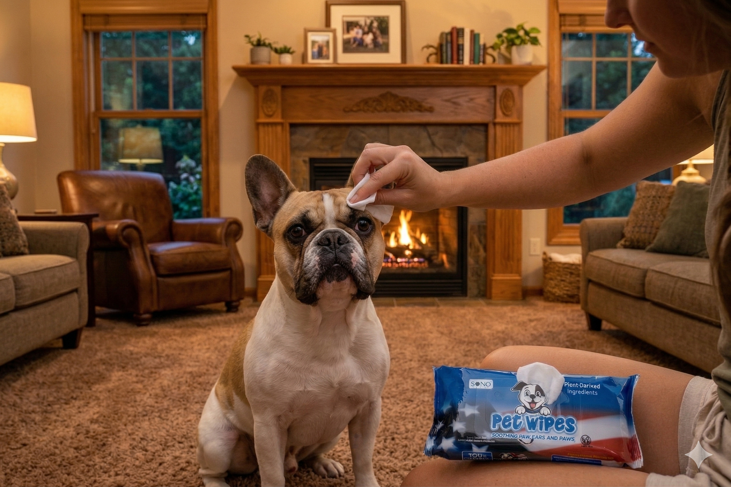 Person cleaning a dog's eye with wipes in a cozy living room.