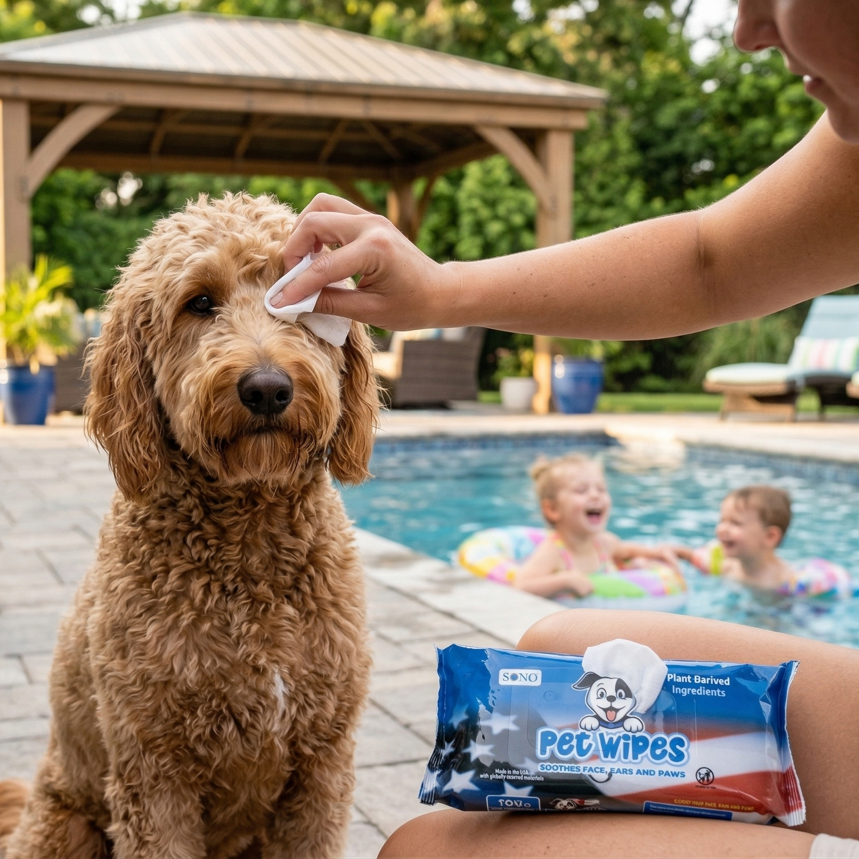 Person cleaning a dog's face with wipes by a pool, with children playing in the background.