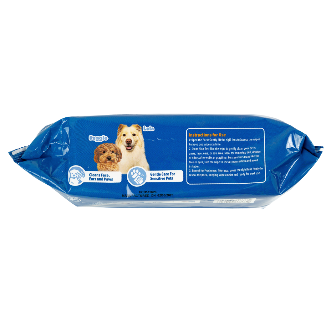 Reggie and Lola dogs on side of SONO Pet wipe package