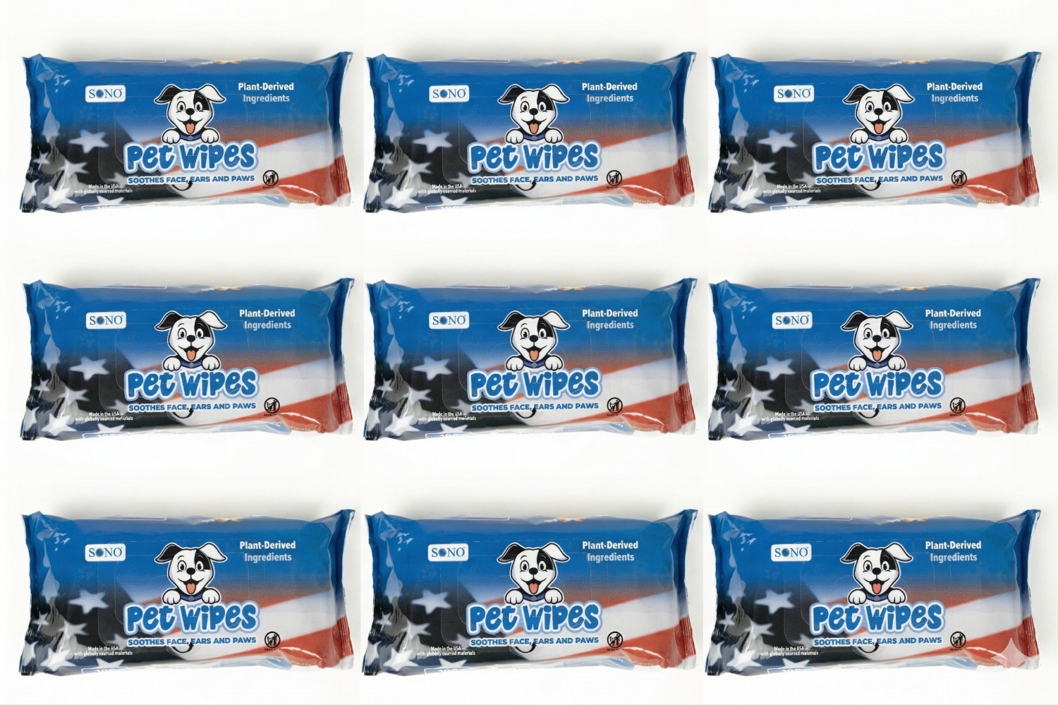 Multiple packages of SONO Pet Wipes with a brand logo on a white background