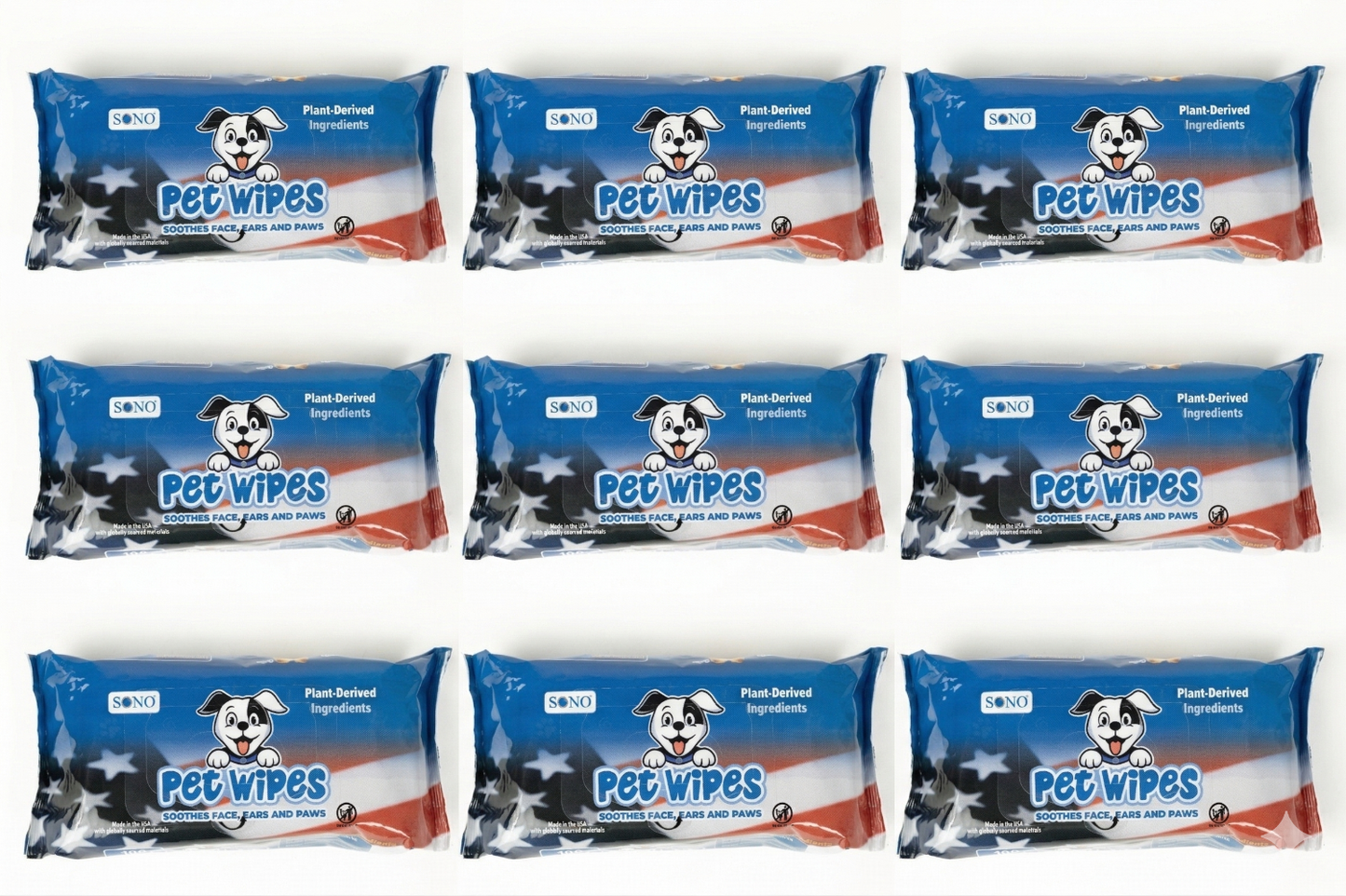 Multiple packages of SONO Pet Wipes with a brand logo on a white background