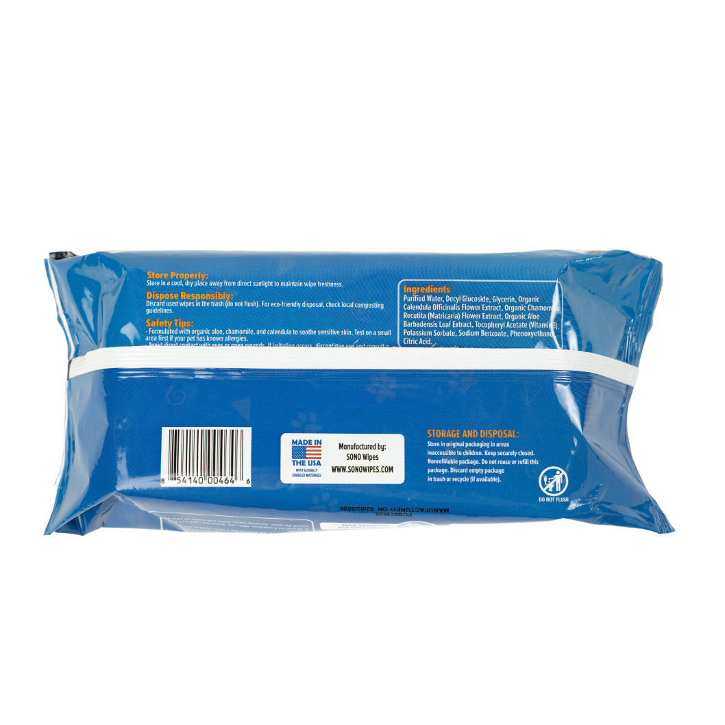 SONO Pet wipes ingredient list label
