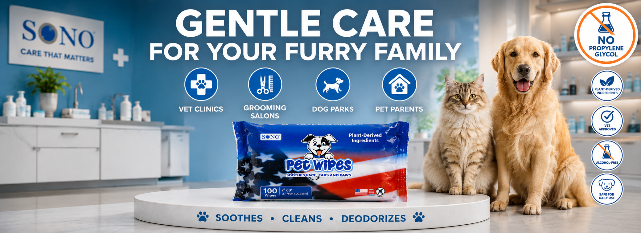 SONO propylene glycol-free pet wipes with plant-derived ingredients, vet approved for dogs and cats in professional veterinary setting