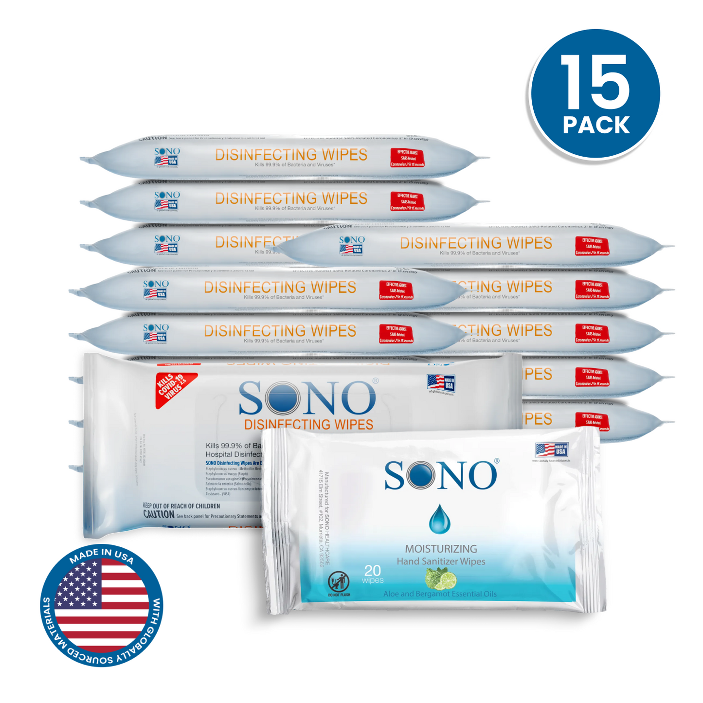 SONO disinfecting wipes packaging with 15 packs on a white background