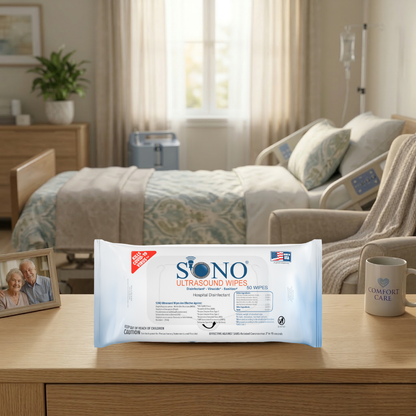 Siono ultrasound wipes package on a table in a bedroom setting