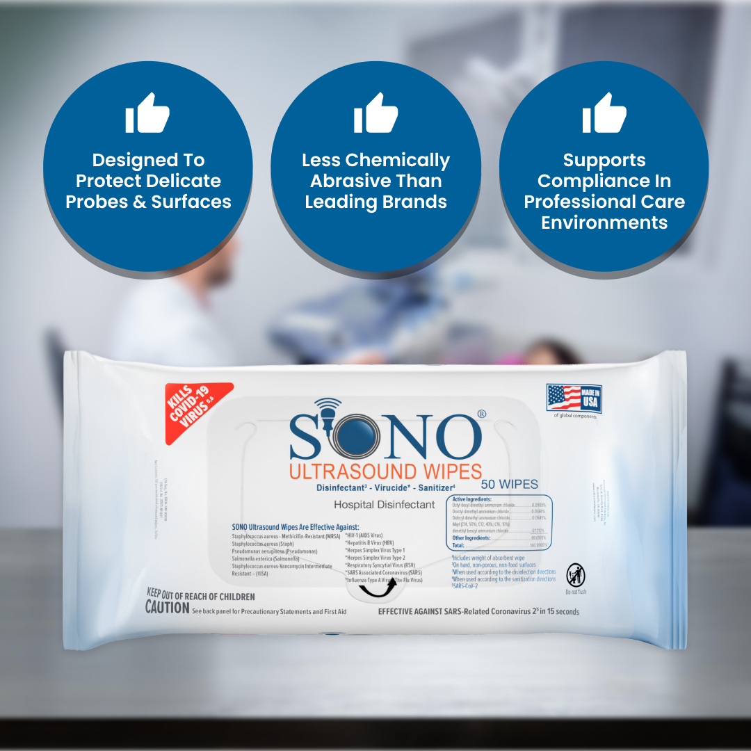 SONO Ultrasound Wipes packaging with product features highlighted
