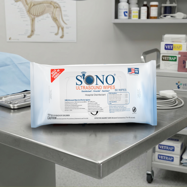 SONO Ultrasound Wipes packaging on a medical table with medical supplies in the background