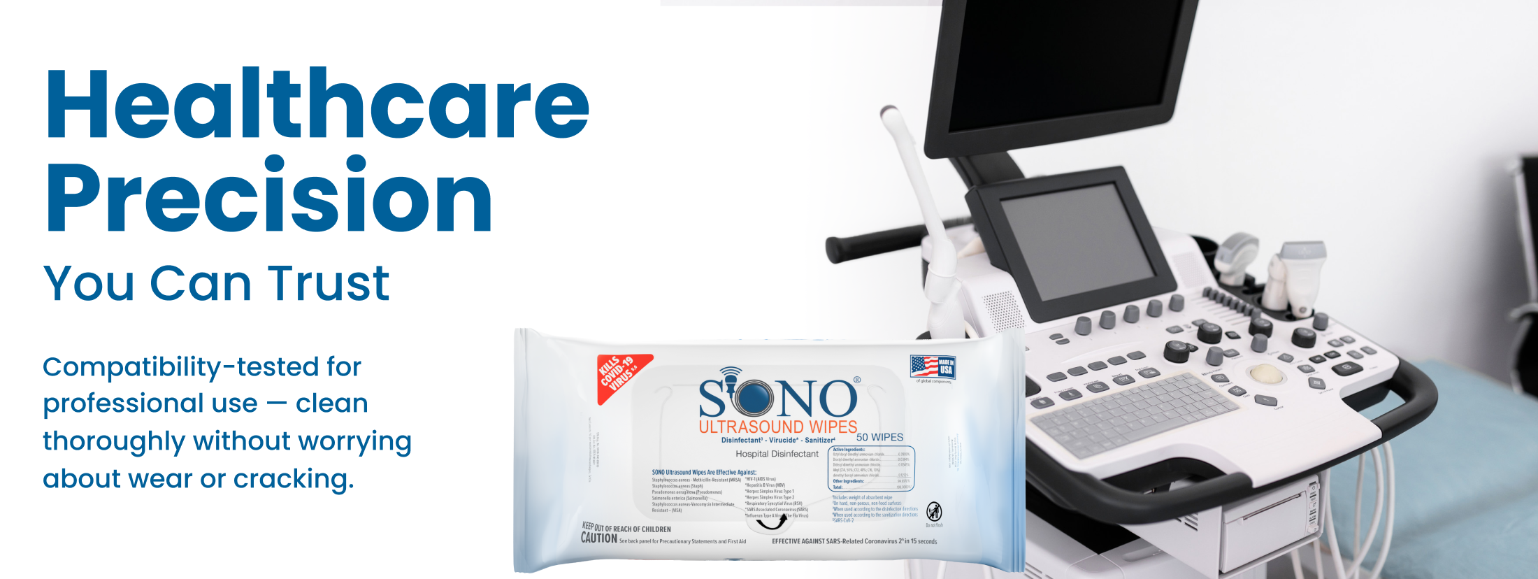 Ultrasound machine with packaging labeled 'SONO' on a white background, featuring text about healthcare precision.