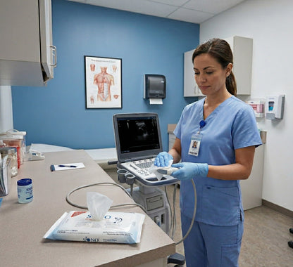 Nurse in blue scrubs using an ultrasound machine in a medical setting.