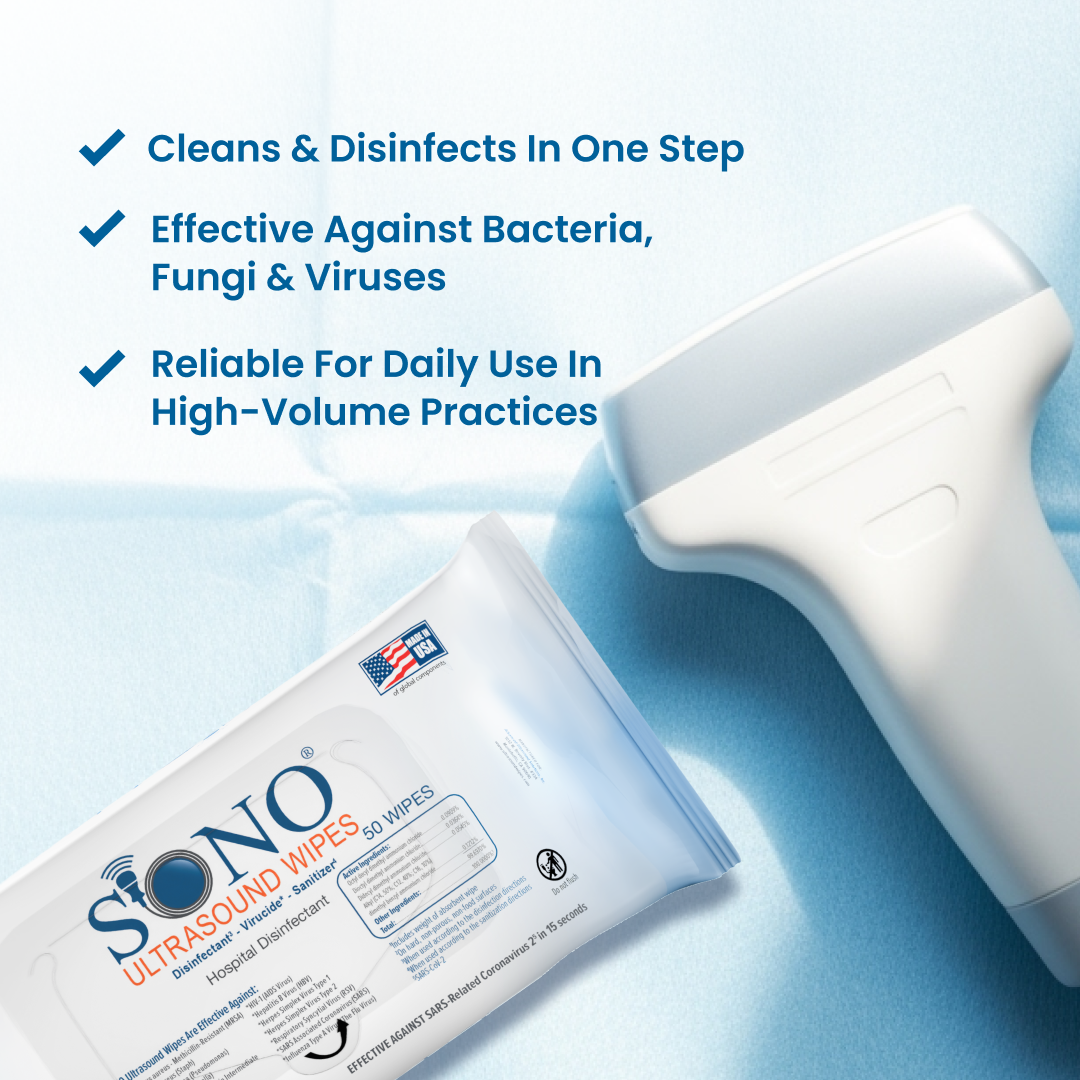 SONO ultrasound Wipes with an ultrasound probe proves compatibility with probes and ultrasound equipment One step 