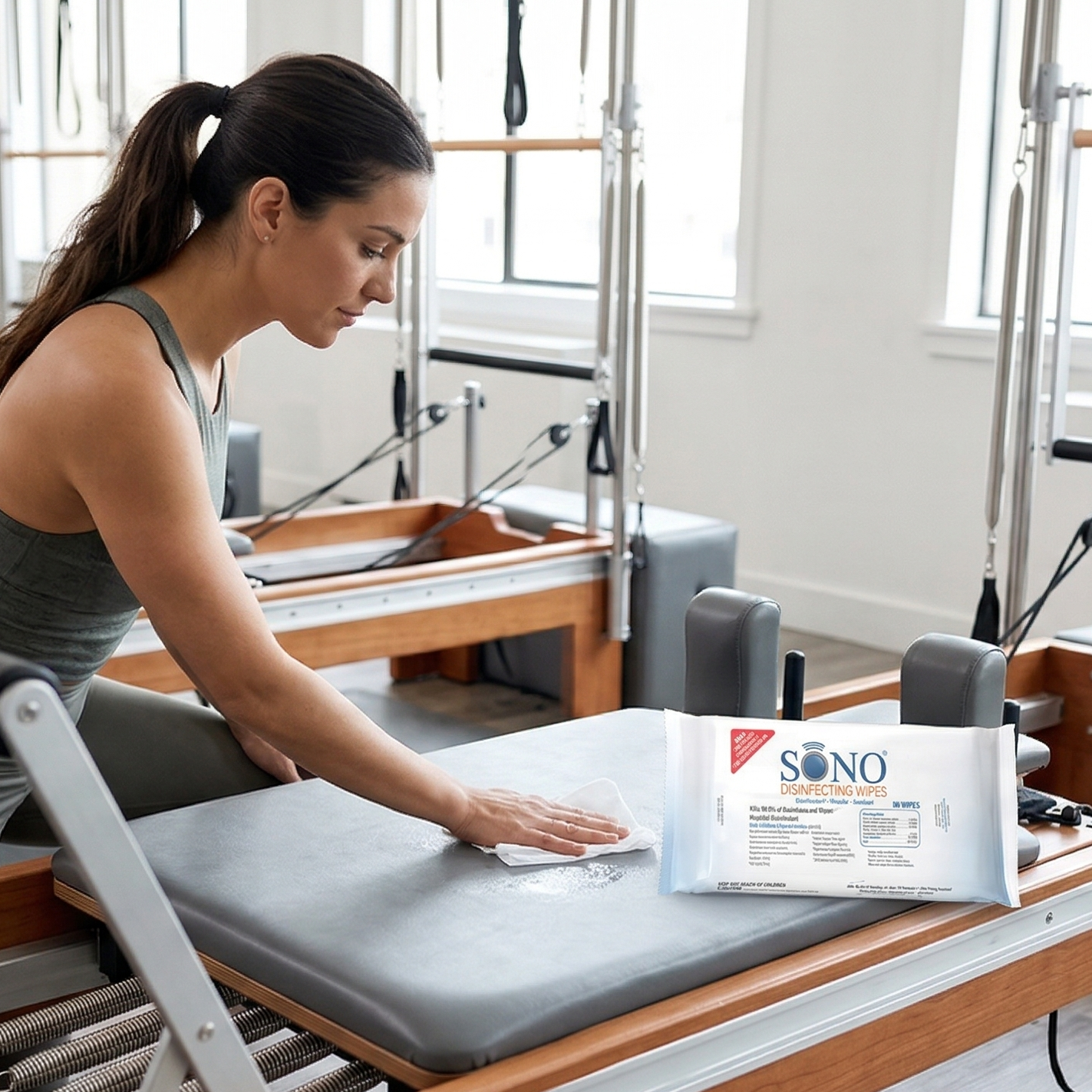 Woman using Pilates reformer machine in a studio setting