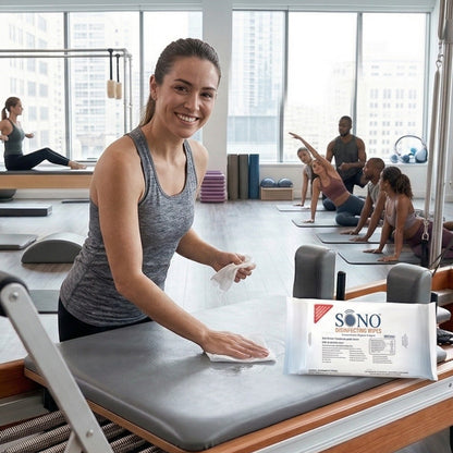 Woman in a Pilates studio with reformers and a SNO product on a table.