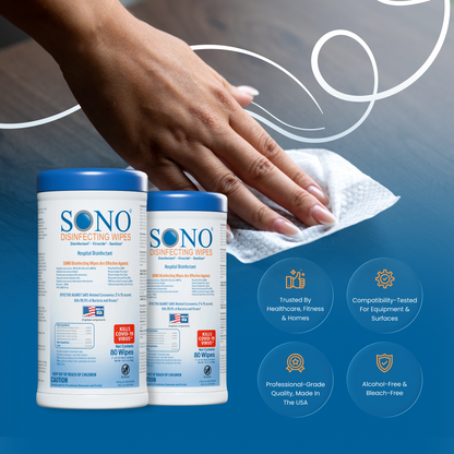 SONO disinfecting wipes with a hand using a wipe on a blue background