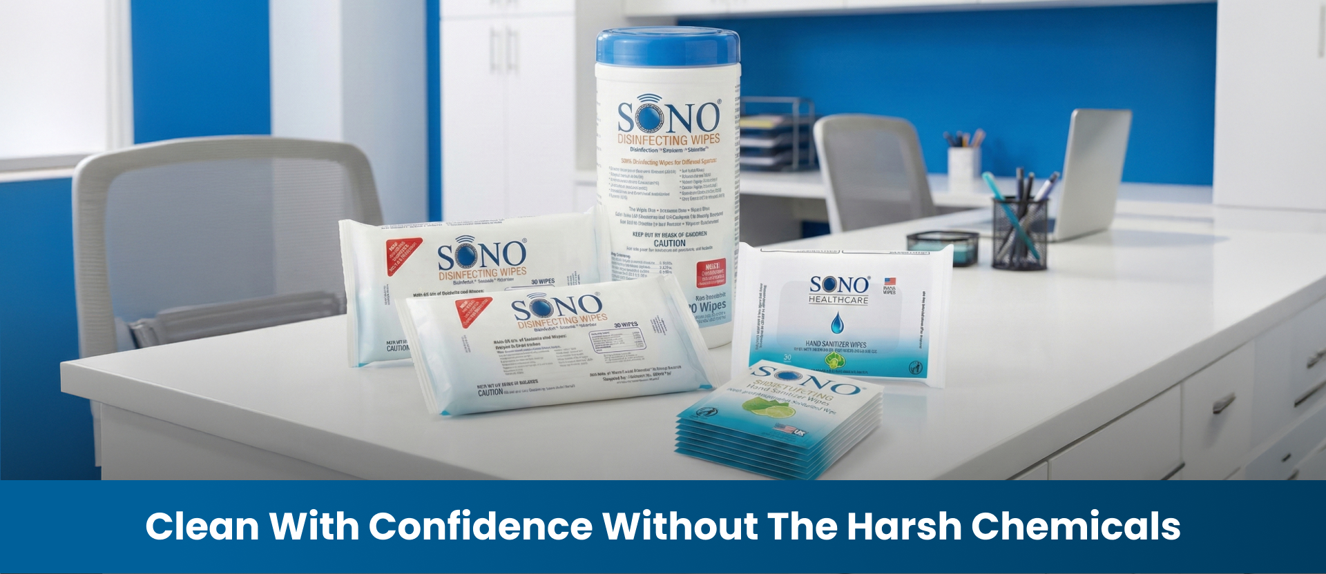 SONO cleaning products on a desk with office background