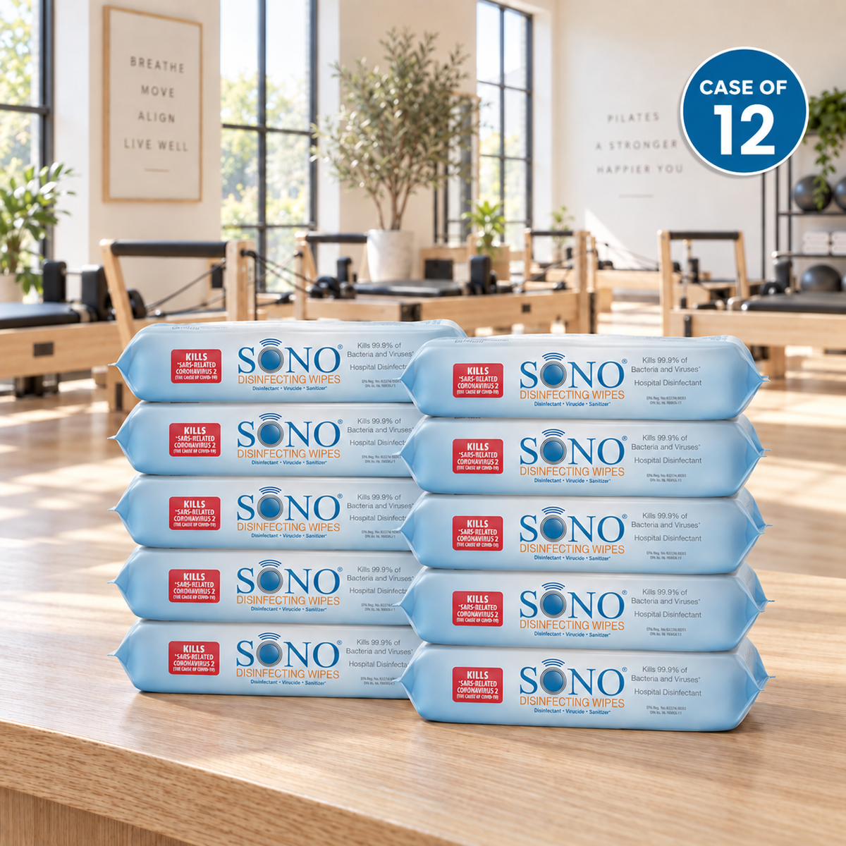 Pro-Grade Pilates Reformer | Yoga Mat Disinfecting Cleaner Deodorizer Wipes | Alcohol-Free Vinyl Safe 80ct Soft Pack | SONO