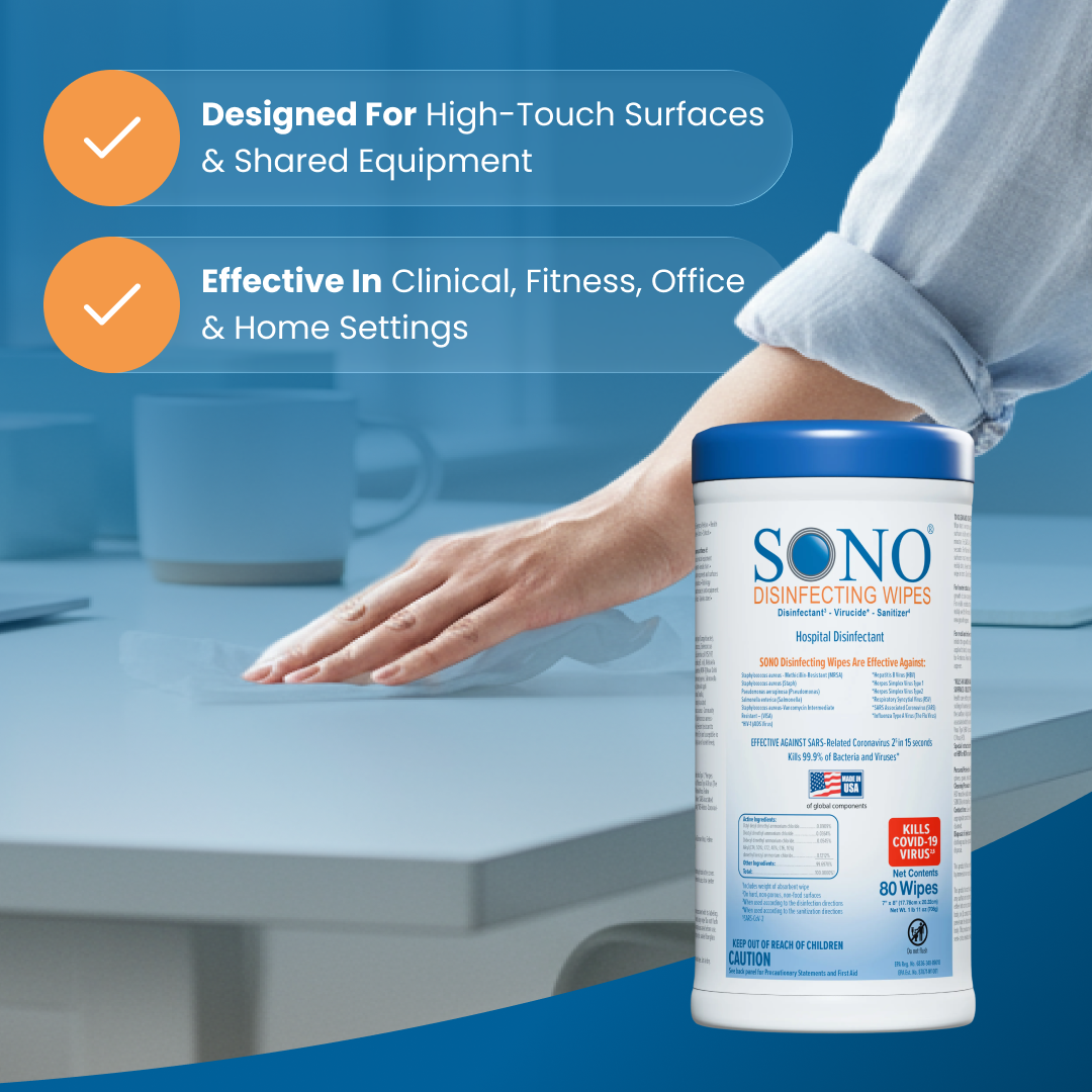 SONO disinfecting wipes container with a hand wiping a surface, on a blue background.