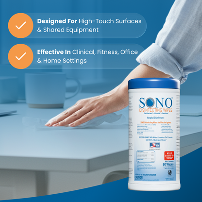 SONO disinfecting wipes container with a hand wiping a surface, on a blue background.