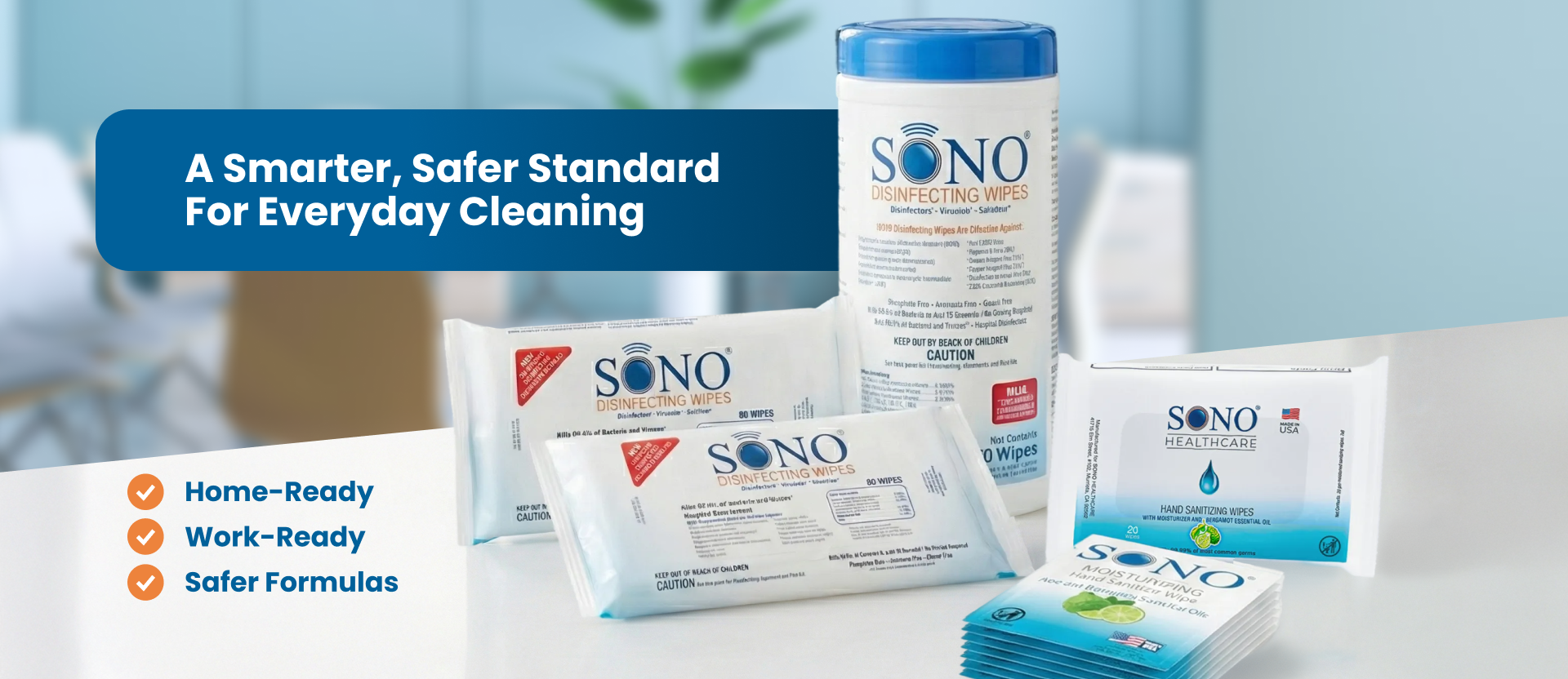 SONO healthcare products on a table with promotional text about cleaning standards.