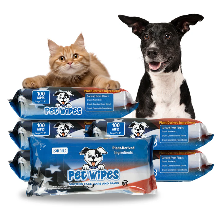 Pet wipes packaging with a cat and dog on a white background
