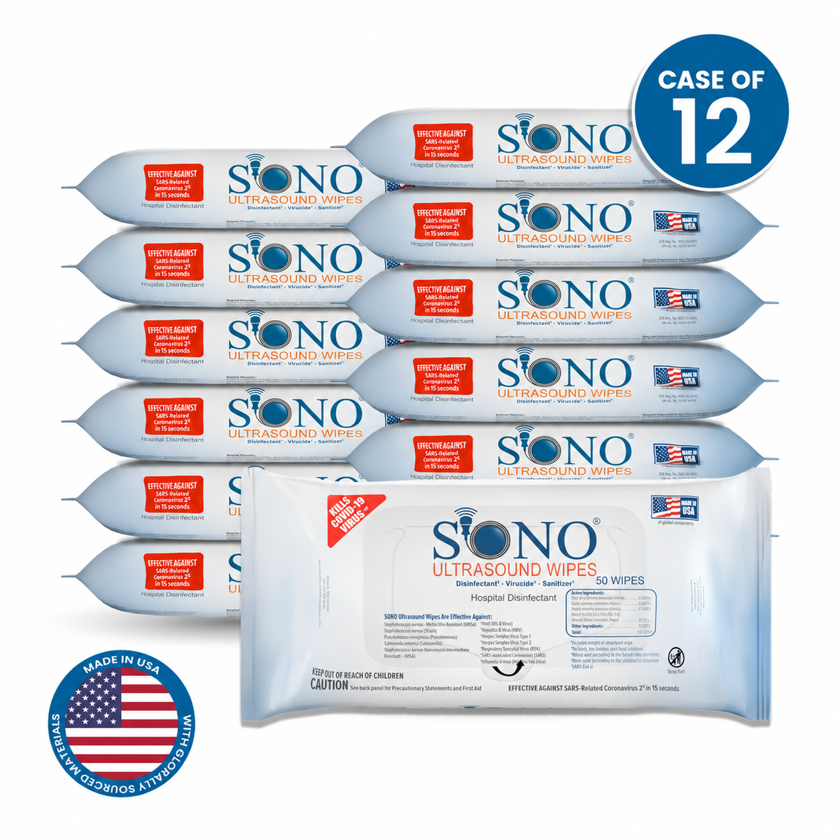 SONO Ultrasound Wipes - Case of 12 (50 Count) Soft Packs SONO4018
