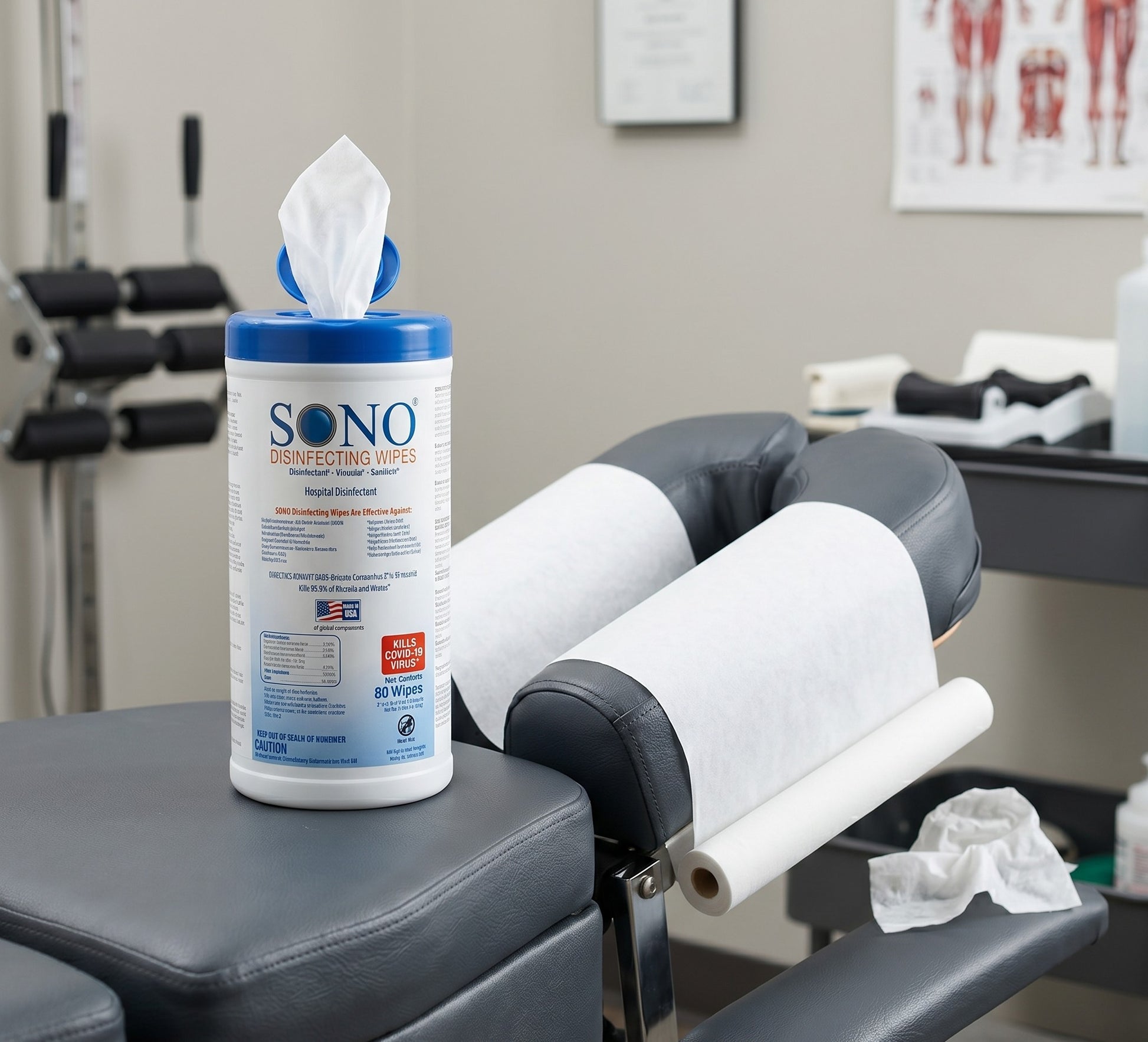 SONO disinfecting wipes being used on a chiropractic adjustment table face cradle"
This will help your page show up in Google Image searches when chiros are looking for table maintenance tips