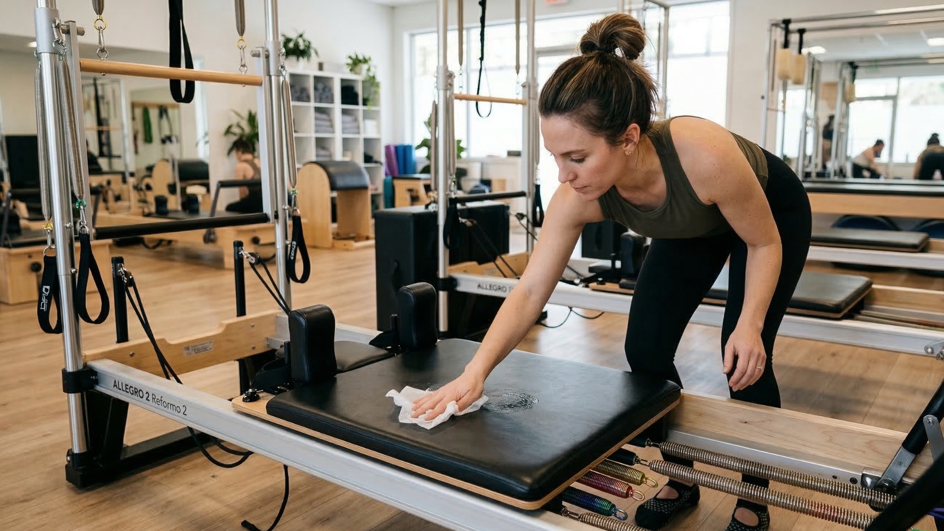 Woman cleaning a Pilates reformer machine in a gym setting