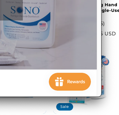 SONO disinfecting wipes packaging with a rewards button on a website interface.