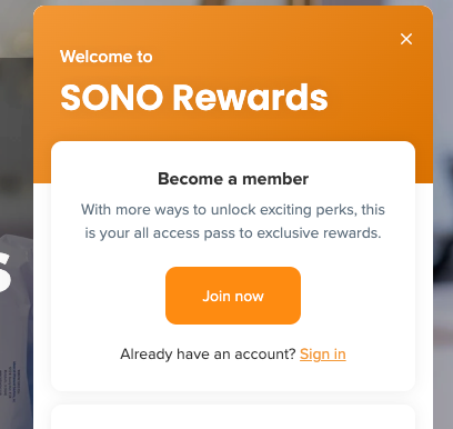 SONO Rewards membership sign-up page with orange and white design.
