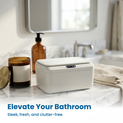 Touchless wipe dispenser on kitchen counter next to cleaning supplies and household items