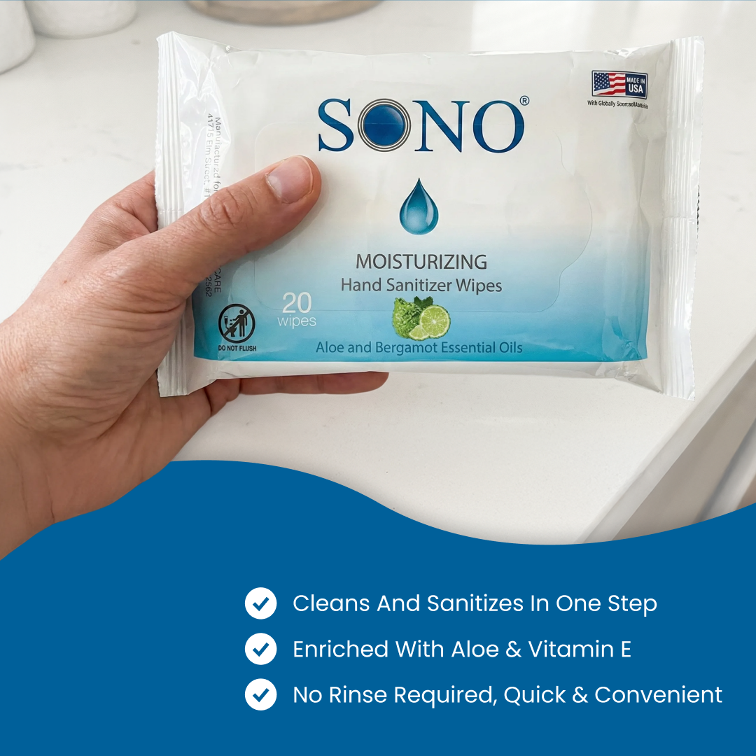 SONO Moisturizing Hand Sanitizing Wipes 20 count soft pack with ingredients listed as Aloe and Vitamin E no alcohol portable wipes