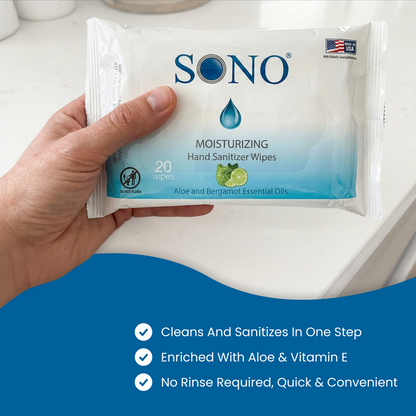SONO Moisturizing Hand Sanitizing Wipes 20 count soft pack with ingredients listed as Aloe and Vitamin E no alcohol portable wipes