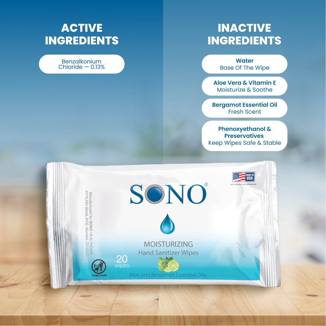 SONO moisturizing hand sanitizer wipes with active and inactive ingredients portable packs safe for kids